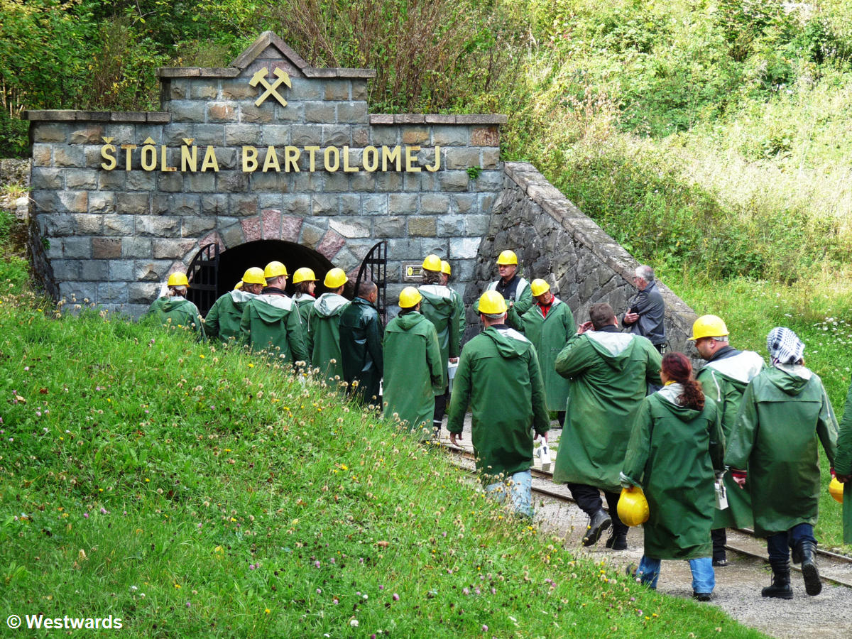 people in green coats entering a mine