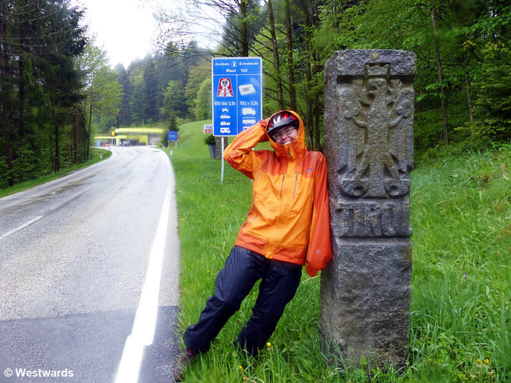 Travel writer Natascha posing at the German-Austrian border