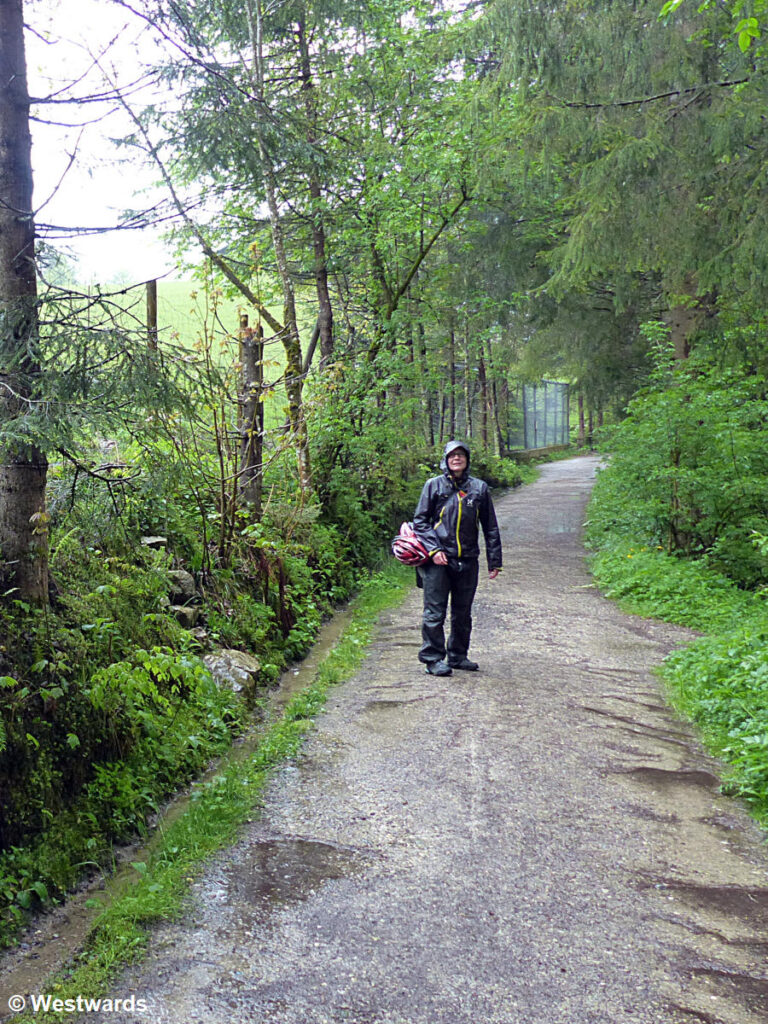 Travel writer Isa dripping wet in the animal park of Wildbichl