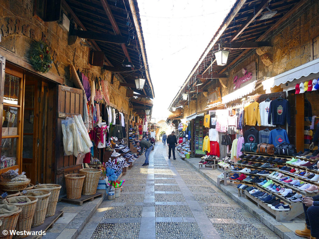 Market stalls selling clothes in Byblos