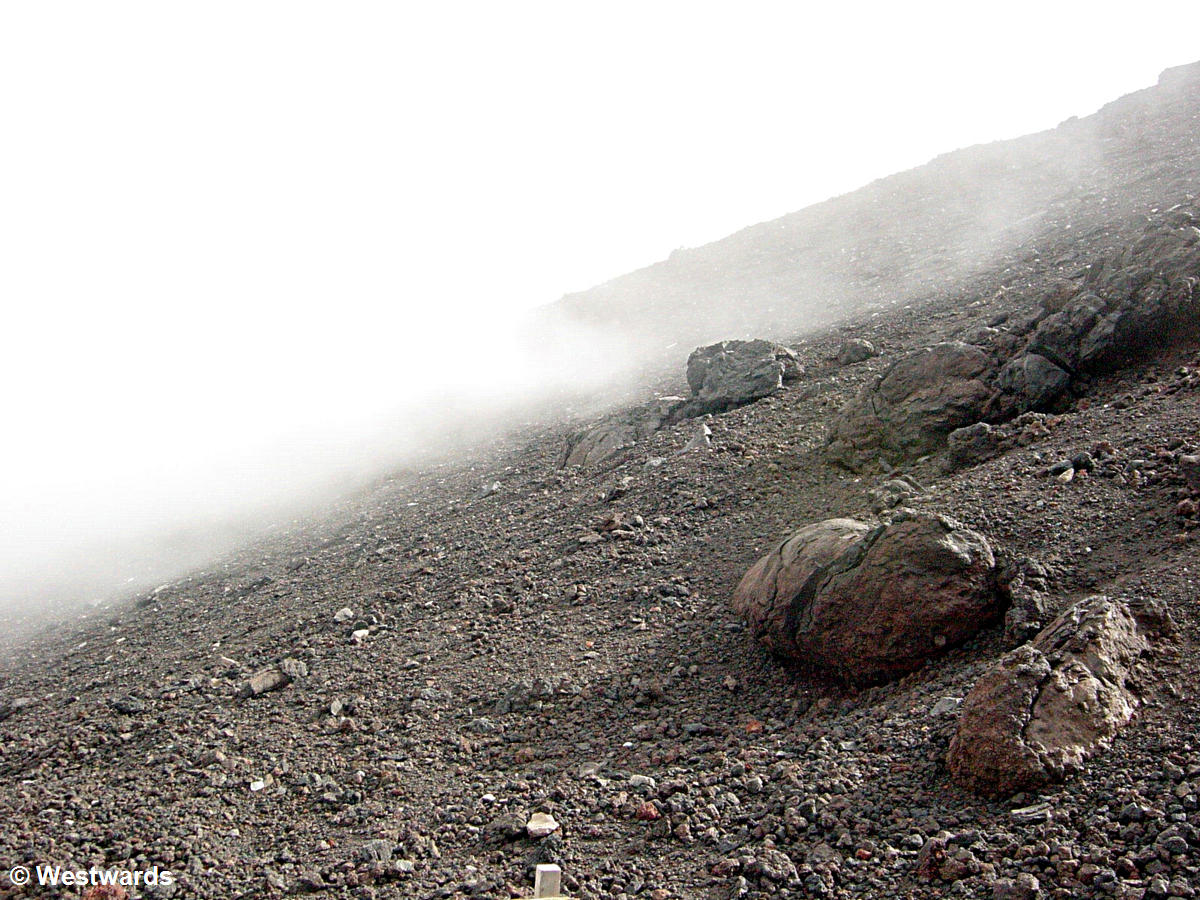Climbing Mount Fuji in fog