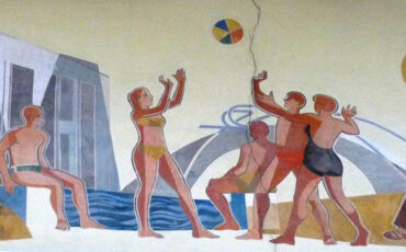 Soviet style mural with bathing people