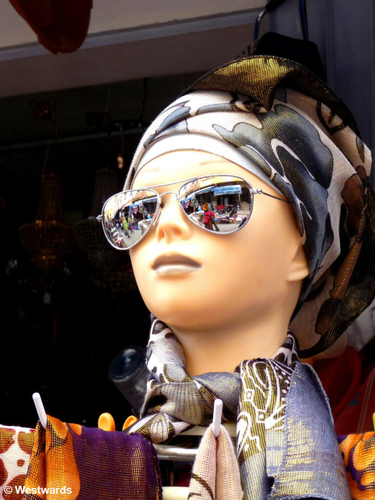 stylish dummy with sunglasses and headscarf in Meknes medina