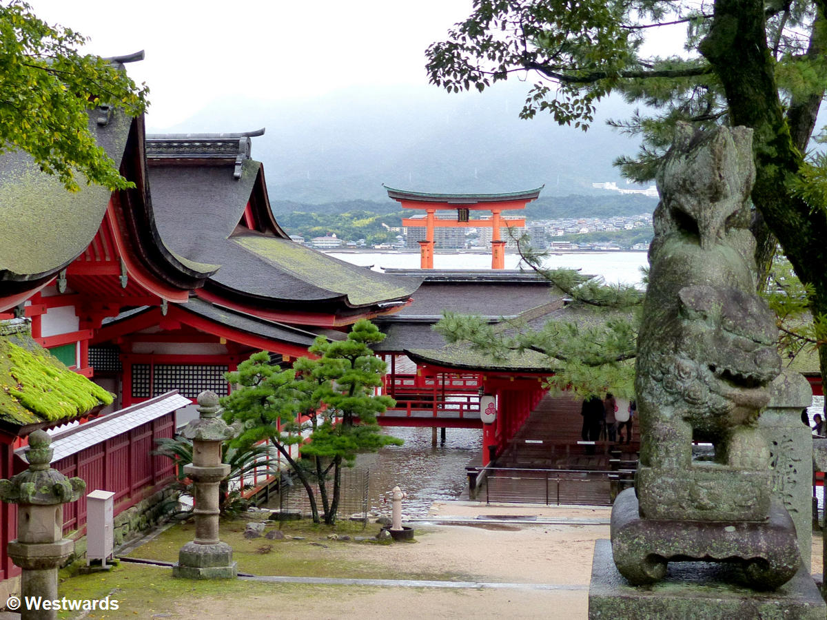 Bright red shrine buildings of Itsukushima Jinja