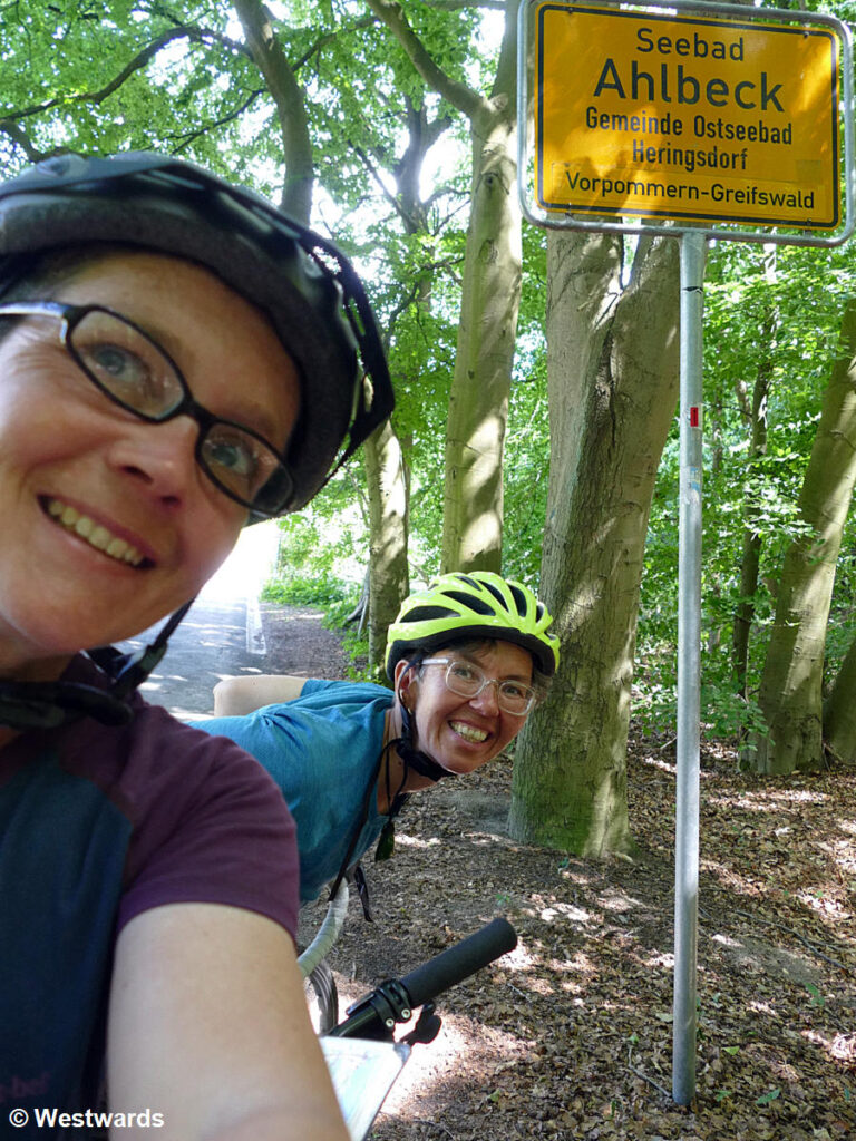 Isa and Natascha cycling the Oder-Neisse trail about to enter Ahlbeck
