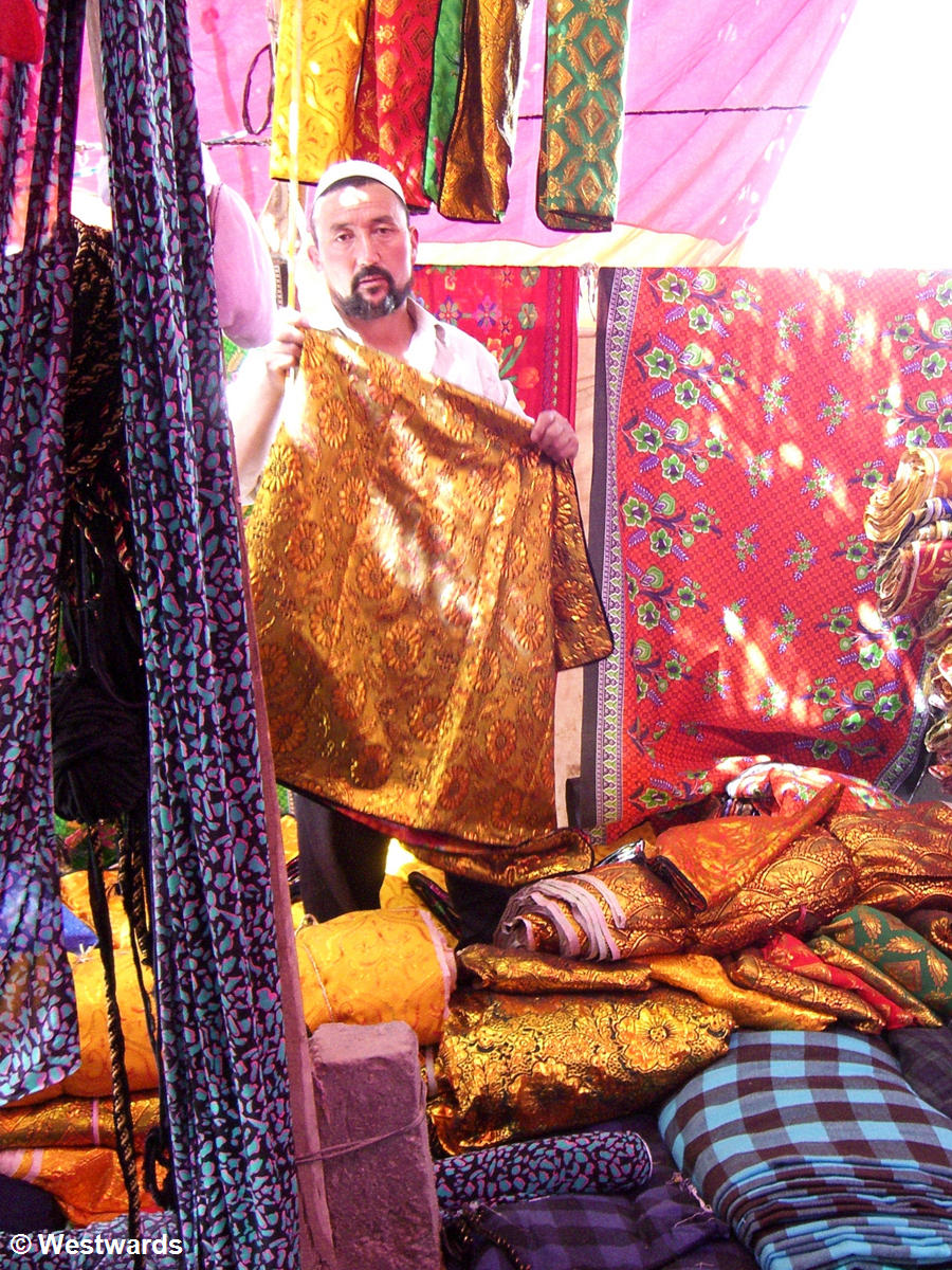 Cloth seller in the Hotan Sunday Market