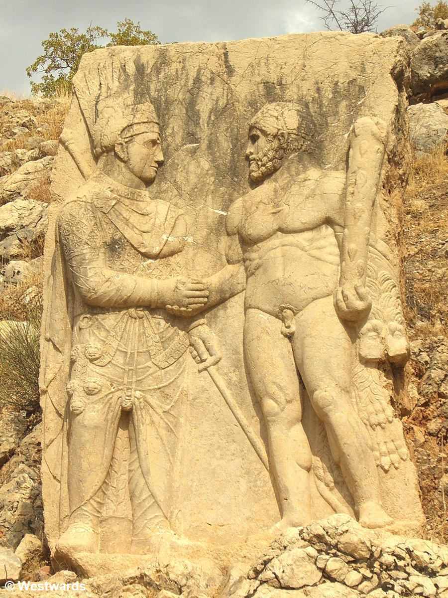 Stone relief in Arsameia / Mt Nemrut showing Mithridates I (with sword) and Heracles (naked)