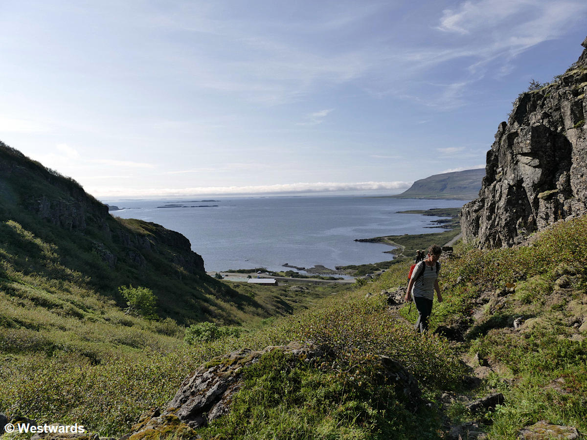 A hiking trail in the Westfjords of Iceland from Flokalundur to Helluvatn