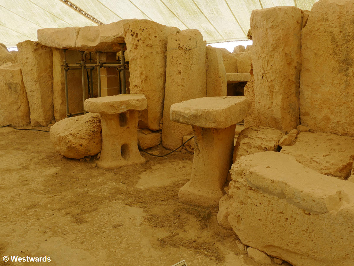 Stone altars and walls in the Megalithic temple of Hagar Qim