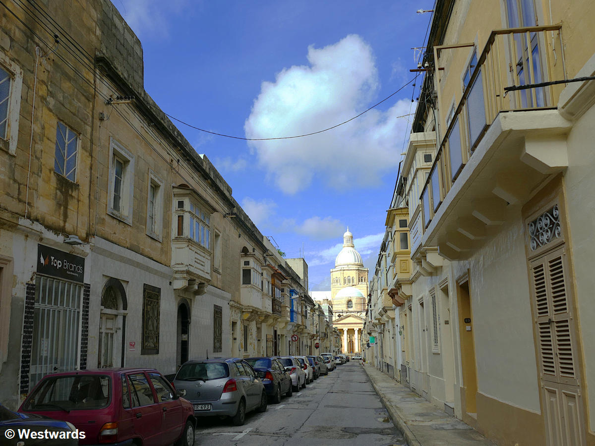 Streets of Paola on Malta, with Church