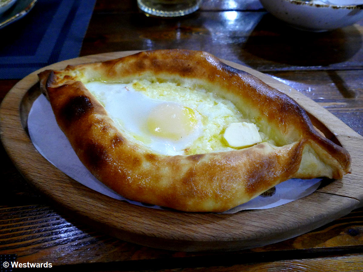 Khachapuri (bread baked with cheese and egg) in Yerevan, Armenia