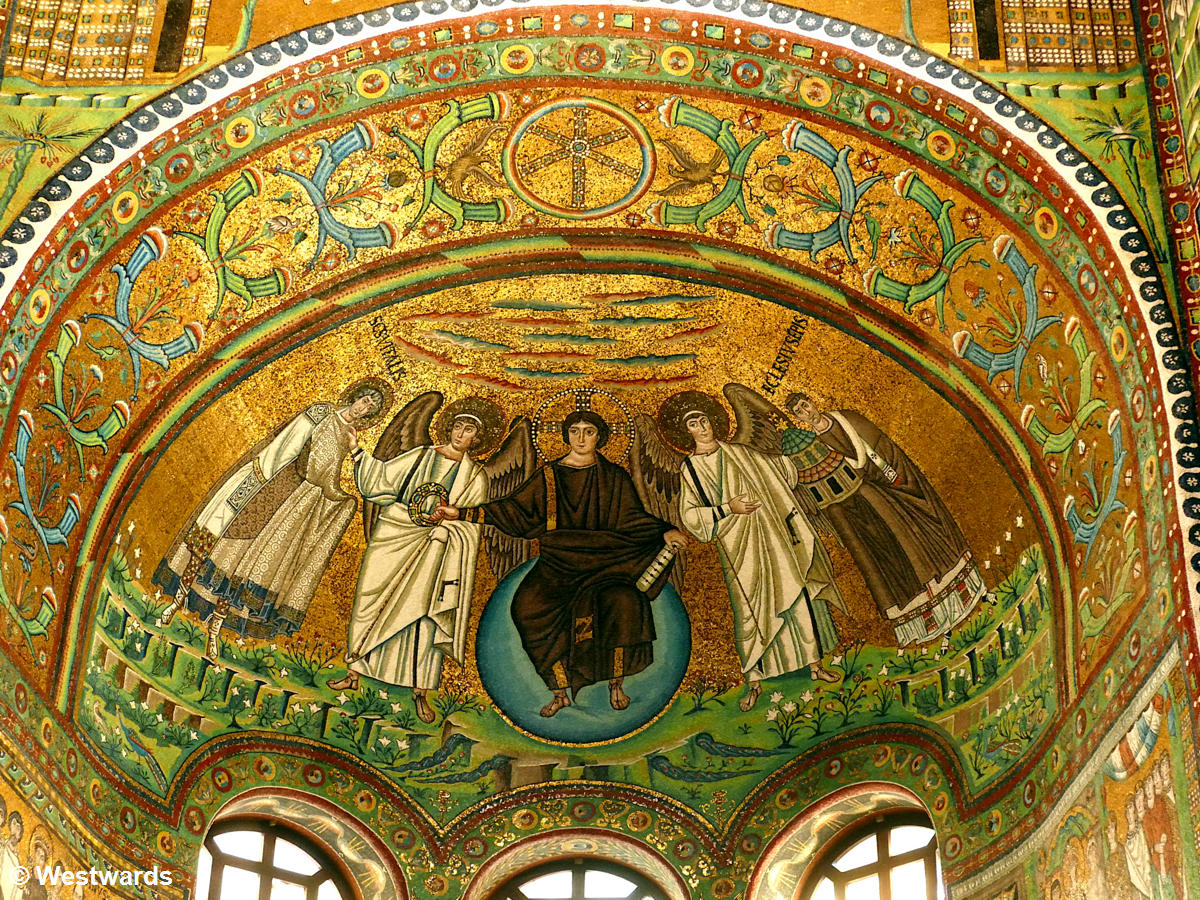 Christ on a blue sphere, with golden mosaic background, in the Basilica di San Vitale, Ravenna
