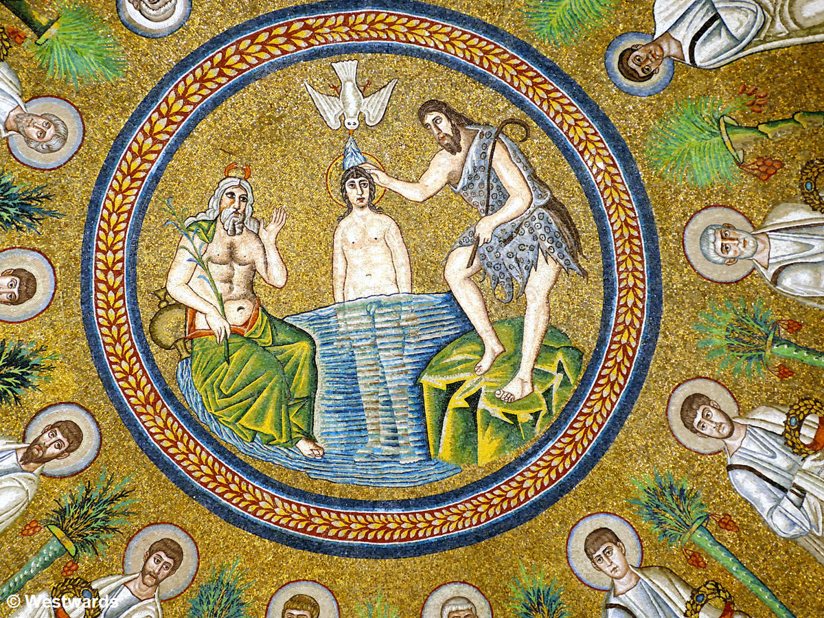 Golden mosaic of Jesus in the River Jordan in the Battistero degli Ariani, Ravenna
