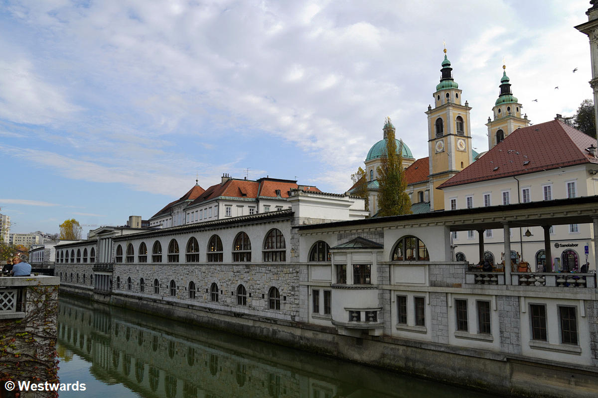 River view of Jože Plečnik’s architecture in Ljubljana