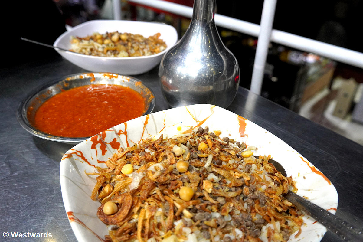 Kushari is the national dish and a great vegetarian food in Egypt