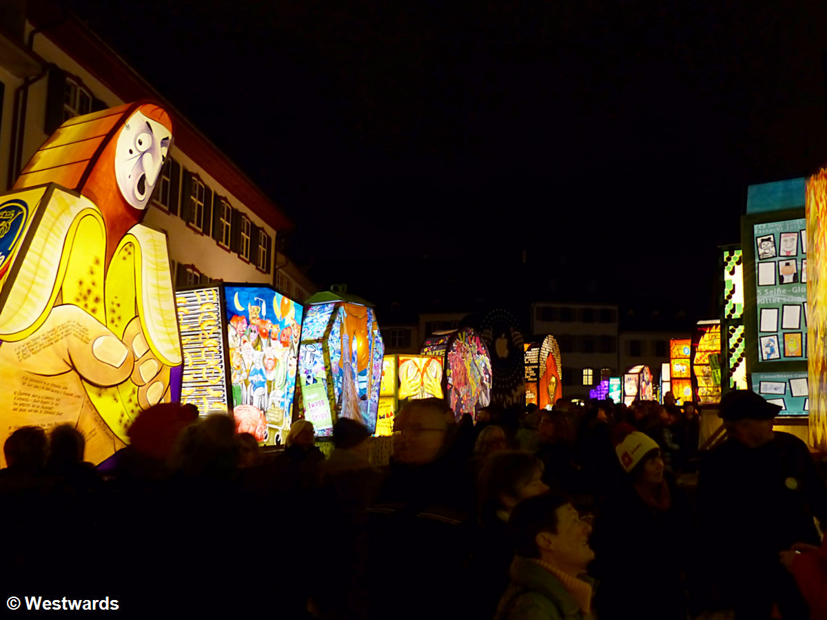 Lit-up Lanterns during the Morgestreich at the Basel Fasnacht