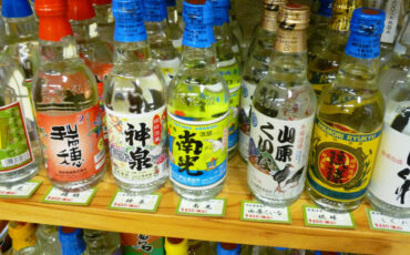 Awamori bottles in a shop in Ishigaki