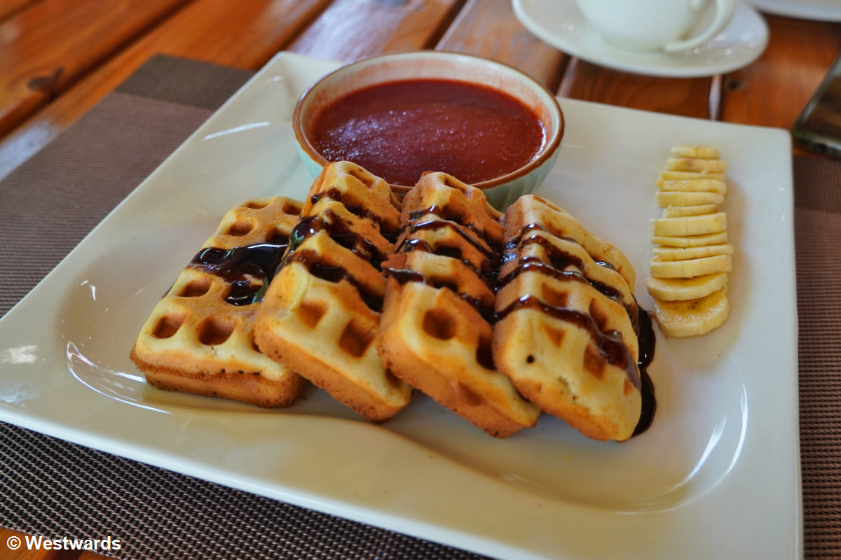 Waffles with tree tomato sauce at Boneza Cafe in Kigali