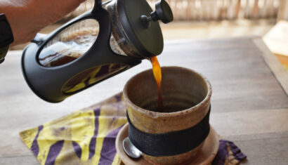 freshly brewed coffee from a French press at Inzora roof top cafe in Kigali